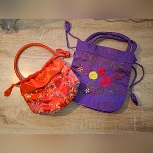 Floral Embroidered Orange and Purple Handbag Set